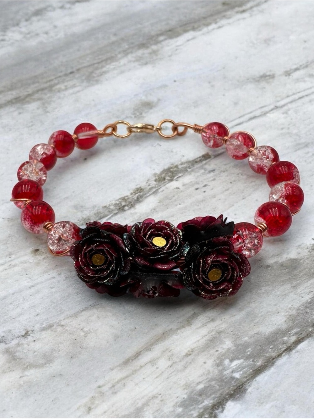 Red Rose Beaded Bracelet with Crackle Glass Beads & Gold Tone Clasp